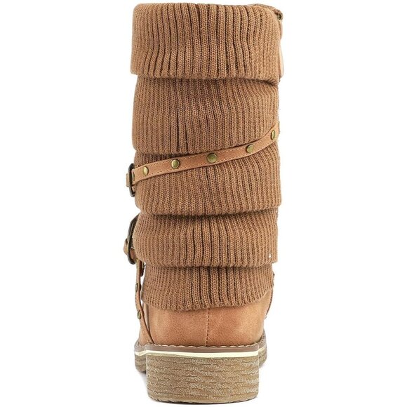 Women's Mid Calf Fashion Winter Snow Boots Camel Brown Buckle Closure Faux Fur - Picture 4 of 7